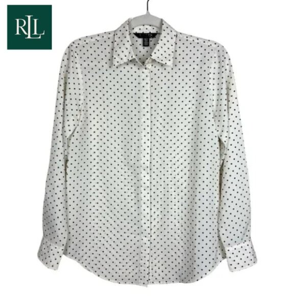 Lauren Ralph Lauren Tops - Lauren Ralph Lauren Button Up Blouse Ivory with Navy Polka Dots Classic Size XS